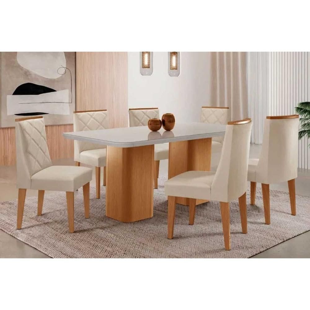 Sala de Jantar Completa Maldivas c/ Tampo Madeirado c/ Vidro Canto Curvo 180x90cm e 6 Cadeiras Pietá Naturale/Off White - Suede Creme - Rufato