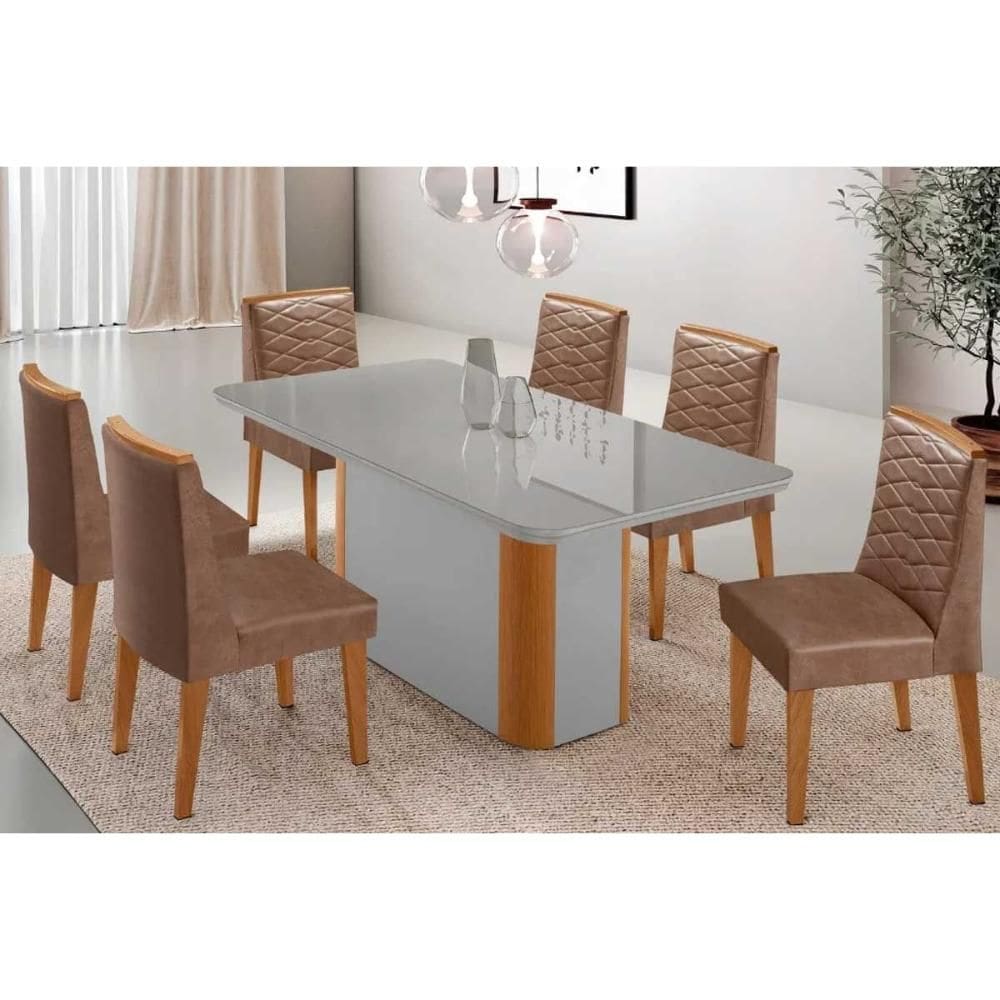Sala de Jantar Completa Pietá c/ Tampo Madeirado c/ Vidro Canto Curvo 180x90cm e 6 Cadeiras Maldivas Naturale/Off White - Corano Capuccino - Rufato