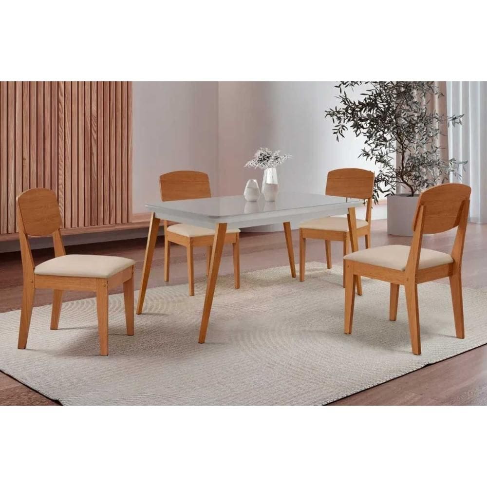 Sala de Jantar Completa Havana c/ Tampo Madeirado c/ Vidro Canto Curvo 120x80cm e 4 Cadeiras Havana Naturale/Off White - Suede Creme - Rufato
