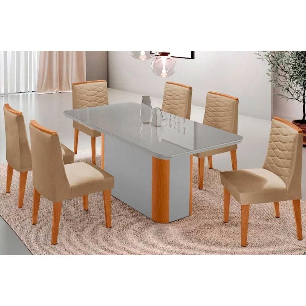 Sala de Jantar Completa Pietá c/ Tampo Madeirado c/ Vidro Canto Curvo 180x90cm e 6 Cadeiras Maldivas Naturale/Off White - Linho Bege - Rufato