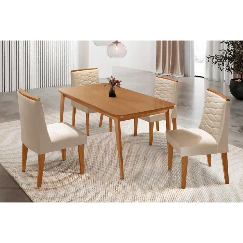Sala de Jantar Completa Havana c/ Tampo Madeirado Canto Curvo 120x80cm e 4 Cadeiras Maldivas Naturale - Suede Creme - Rufato