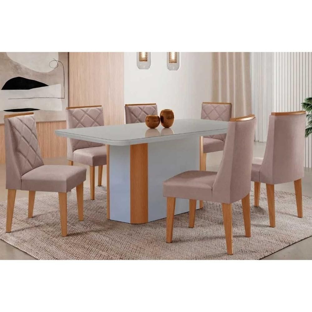 Conjunto Sala de Jantar Pietá c/ Tampo Madeirado c/ Vidro Canto Curvo 180x90cm e 6 Cadeiras Pietá Madeira Maciça Naturale/Off White - Capuccino/Linho
