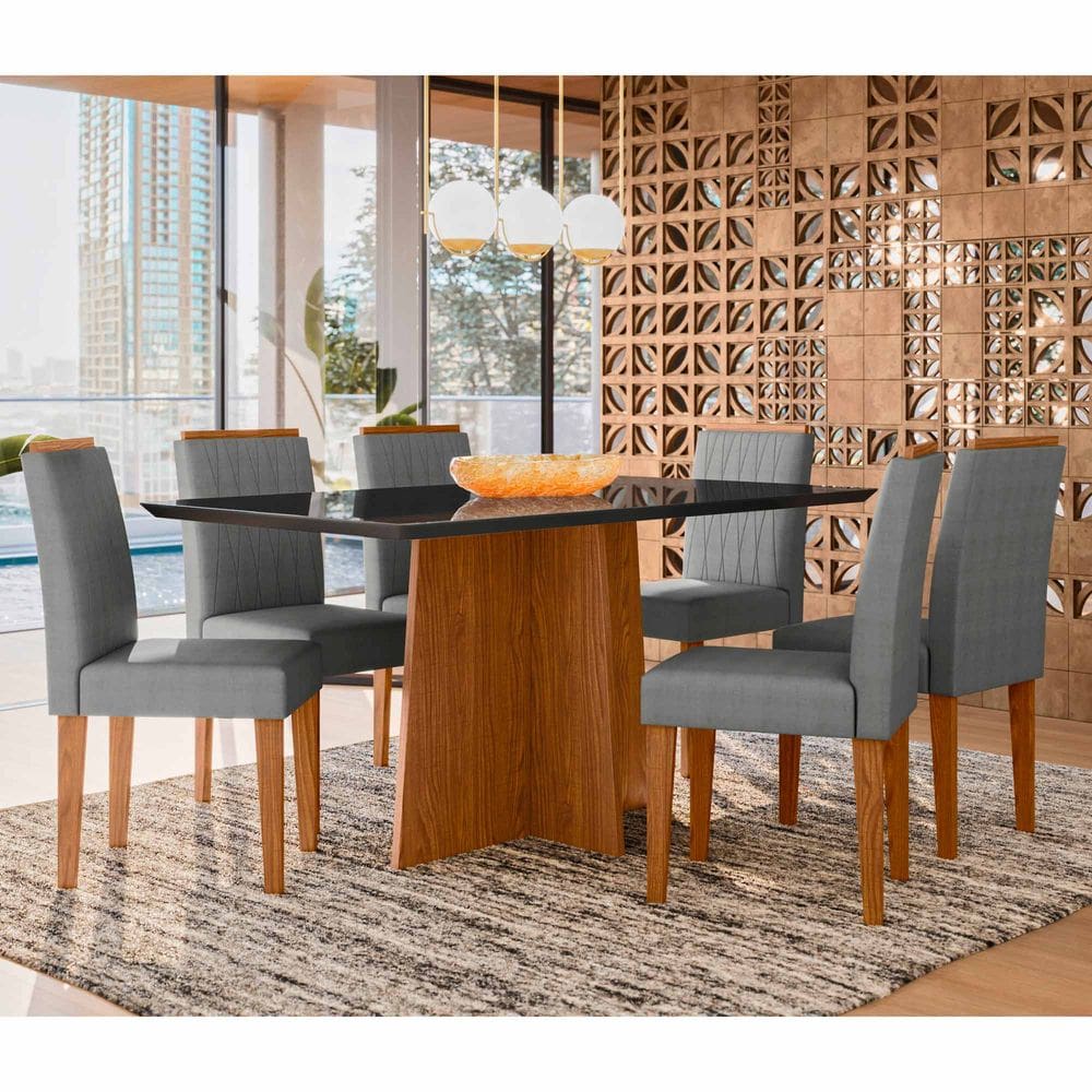 Conjunto Sala de Jantar Mesa Anitta 1,60m com 6 Cadeiras Ana Ypê/Preto/Ln02 - New Ceval
