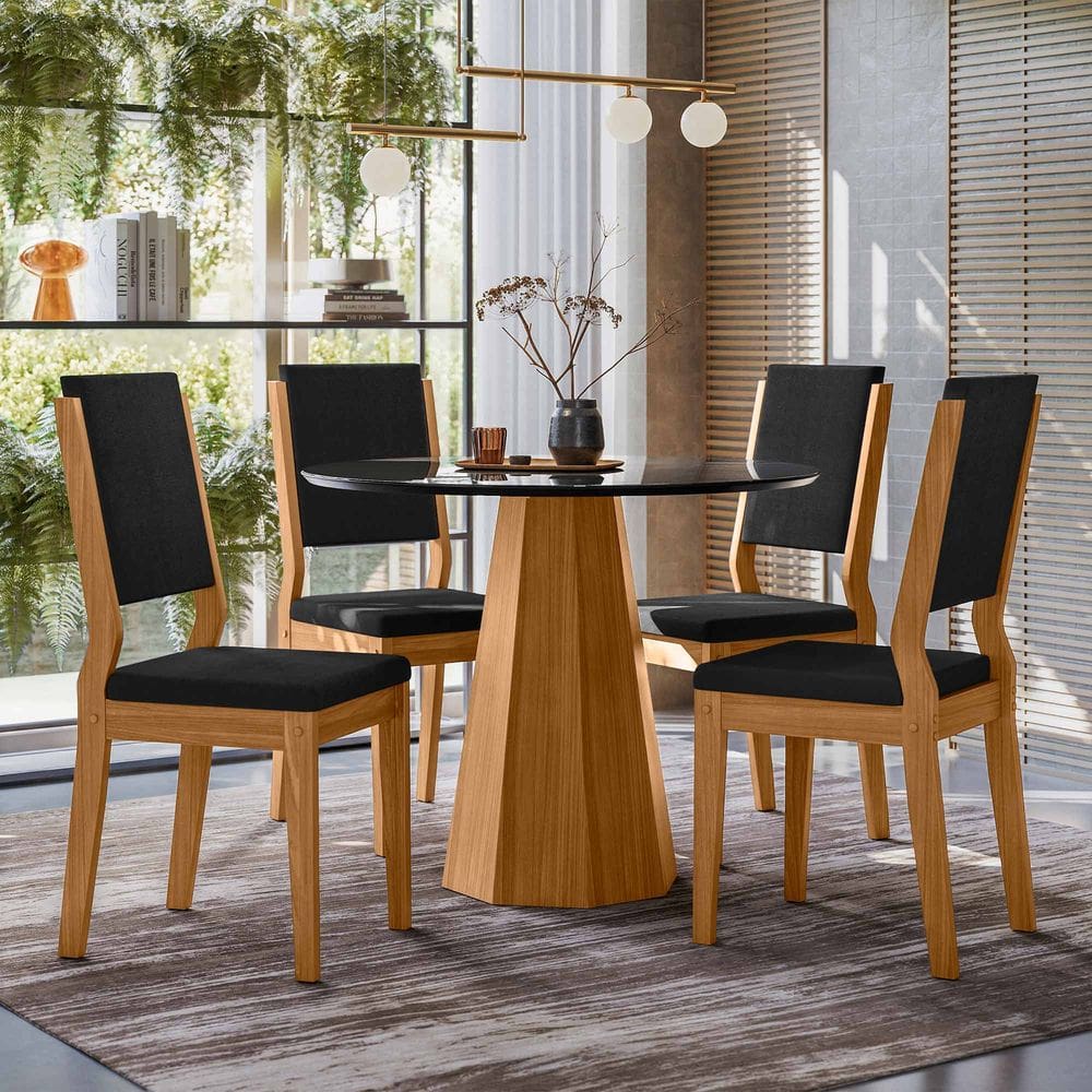 Conjunto Sala de Jantar Mesa Isis 1,00m com 4 Cadeiras Carol Ypê/Preto/Ja03 - New Ceval