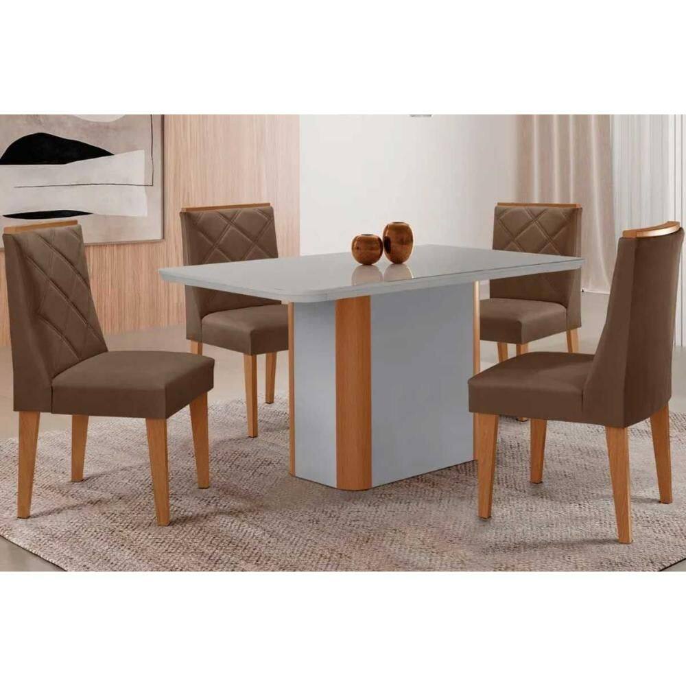 Conjunto Sala de Jantar Pietá c/ Tampo Madeirado c/ Vidro Canto Curvo 120x80cm e 4 Cadeiras Pietá Madeira Maciça Naturale/Off White - Capuccino/Suede