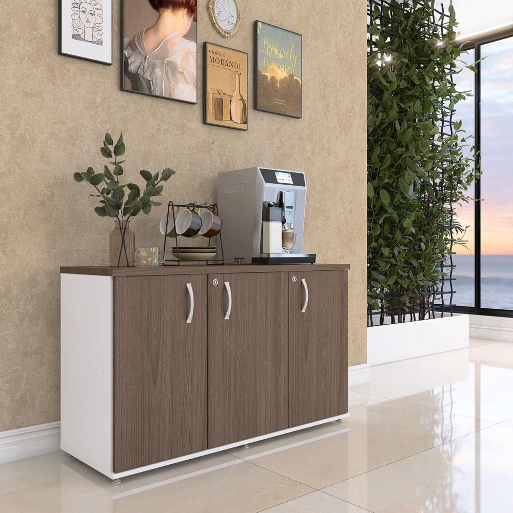 Armário para Escritório 02 Portas Pivotante Credenza Branco/Walnult