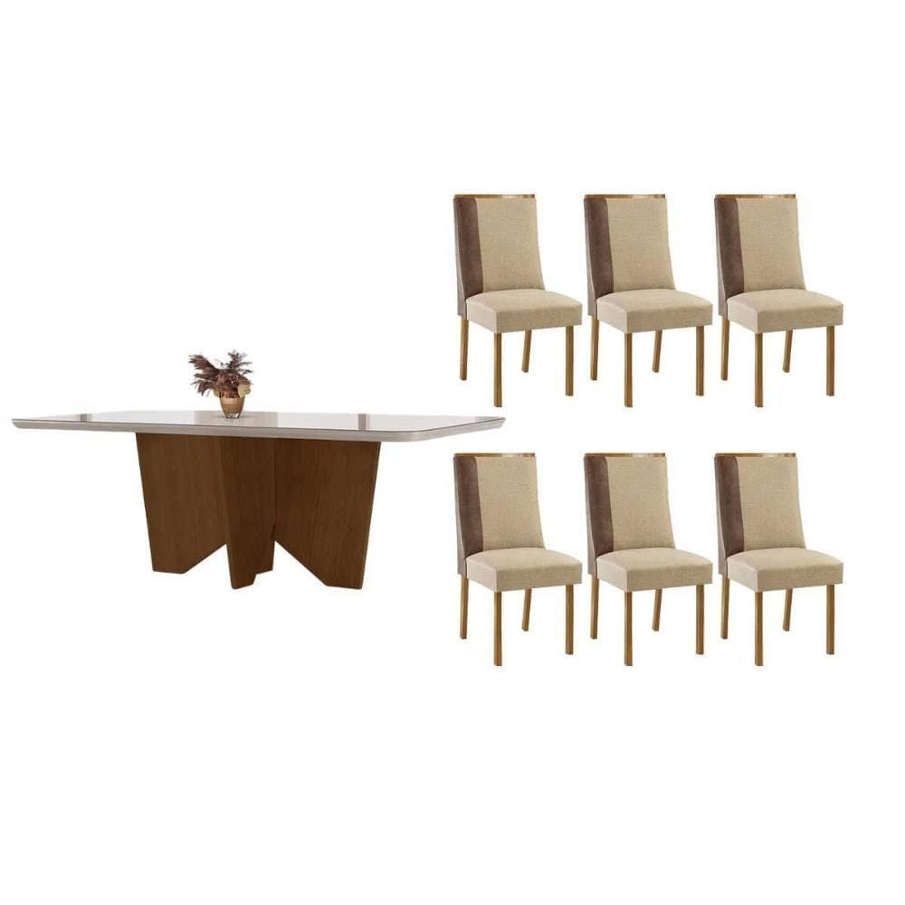 Sala de Jantar Completa Nevada c/ Tampo Madeirado c/ Vidro Canto Curvo 180x90cm e 6 Cadeiras Tilia Naturale/Off White - Linho Bege - Rufato