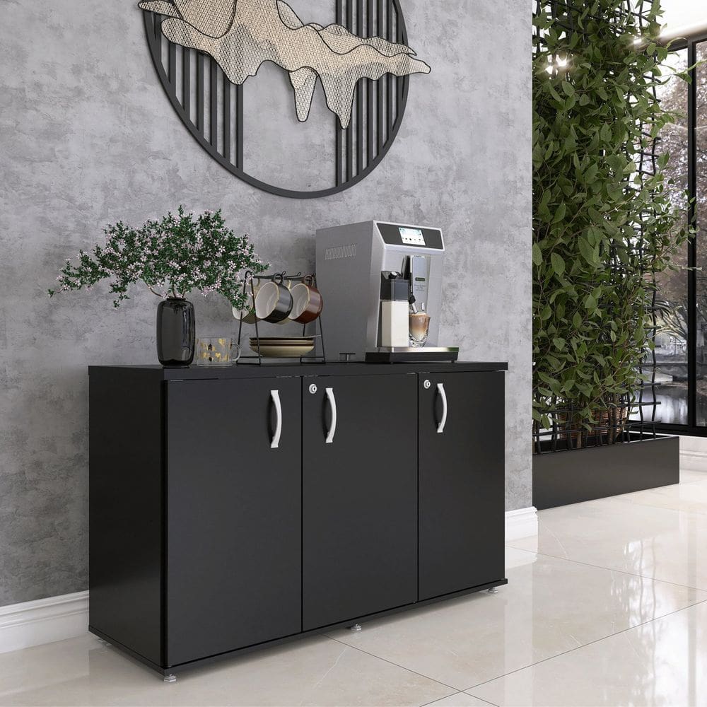 Armário para Escritório 3 Portas Pivotante Credenza Preto