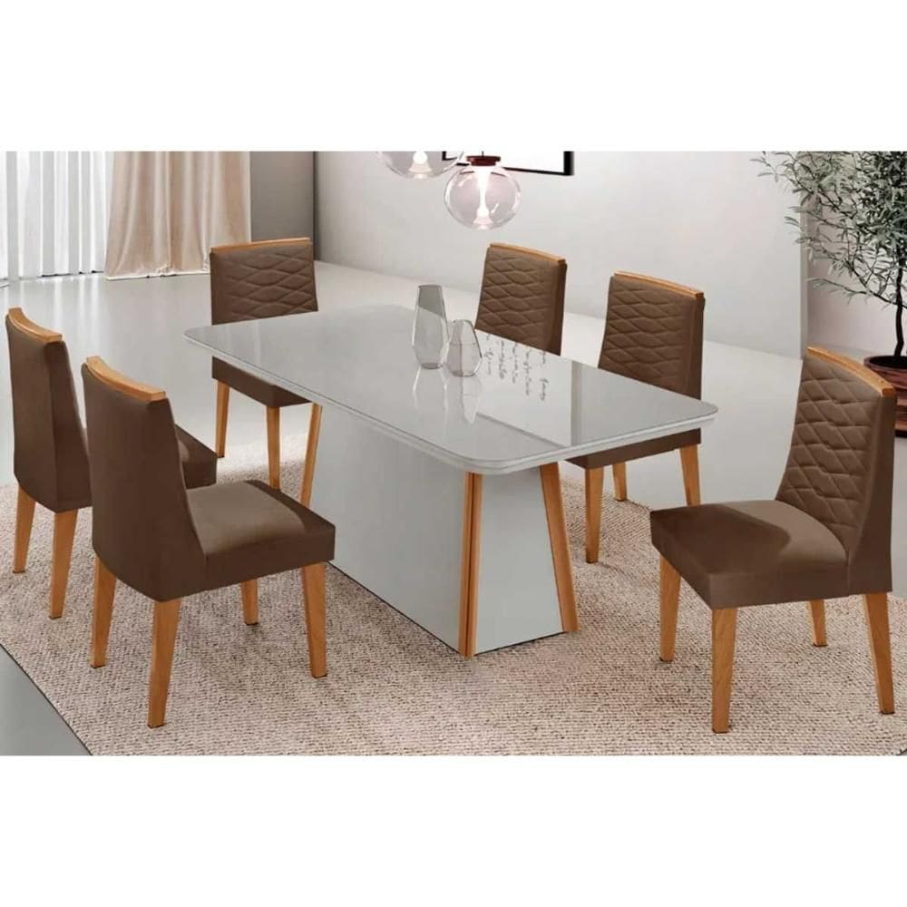 Conjunto Sala de Jantar Tilia c/ Tampo Madeirado c/ Vidro Canto Curvo 180x90cm e 6 Cadeiras Maldivas Madeira Maciça Naturale/Off White - Capuccino/Sue