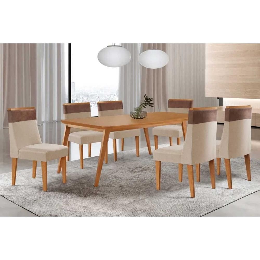 Sala de Jantar Completa Havana c/ Tampo Madeirado Canto Curvo 180x90cm e 6 Cadeiras Jaspe Naturale - Suede Creme - Rufato