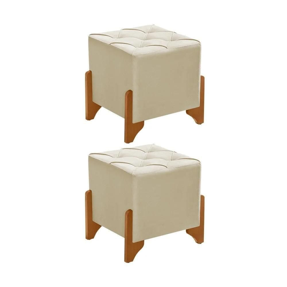 Kit 2 Puffs Decorativos Monet Base De Madeira Veludo Bege