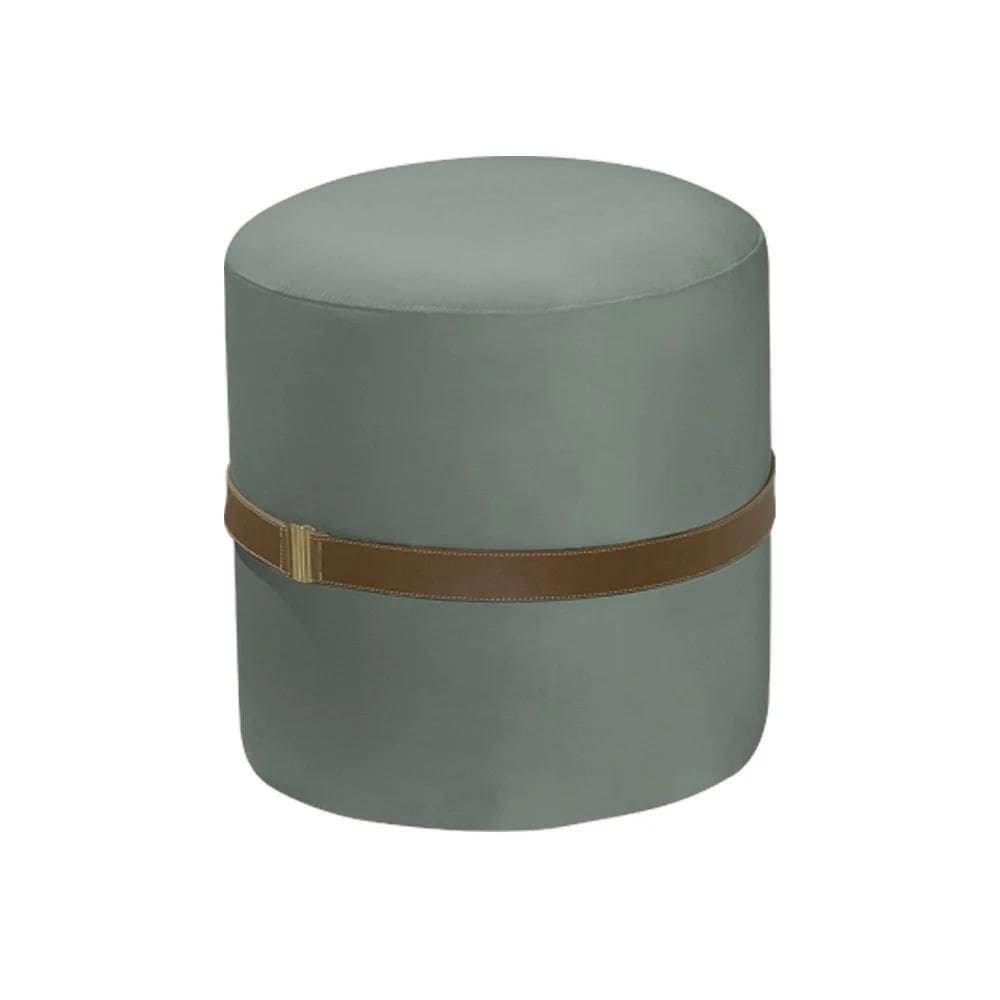 Puff Decorativo Redondo Old Com Cinto Estofado Veludo Cinza