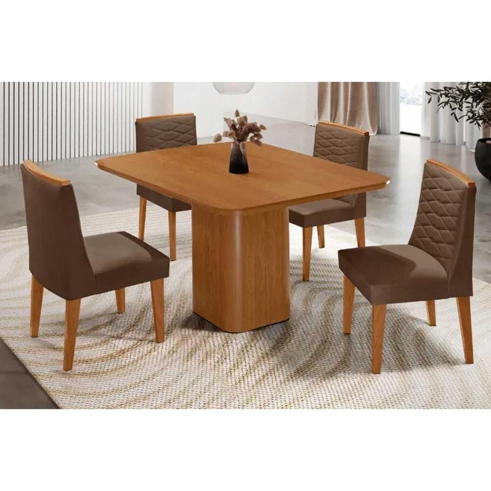 Sala de Jantar Completa Maldivas c/ Tampo Madeirado Canto Curvo 90x90cm e 4 Cadeiras Maldivas Naturale - Suede Marrom - Rufato