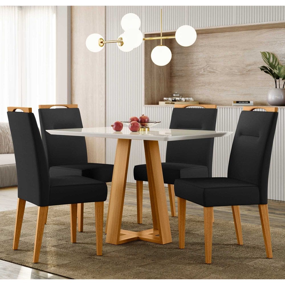Conjunto Sala de Jantar Mesa 1,20m com 4 Cadeiras Lectus Ypê/Off White/Ja03 - New Ceval