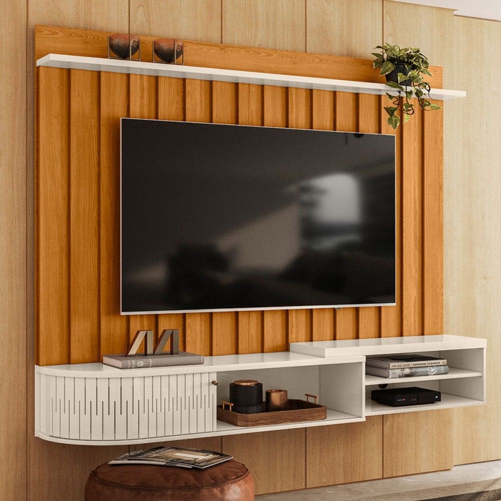 Painel para TV Até 75 Polegadas Imola 1 Porta 2 Prateleiras Ripado Cinamomo/Off White - Madetec
