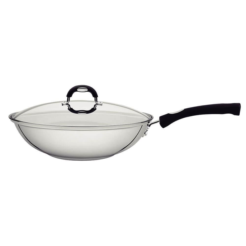 Panela Wok Tramontina Solar Silicone Aço Inox com Fundo Triplo e Tampa de Vidro 28 cm 3,3 L 62138280