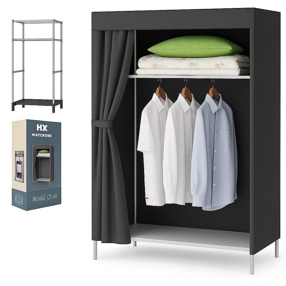 Guarda Roupa Portatil Arara Cabideiro Armario Organizador Prateleiras Compacto Quarto Closet Camping Cinza