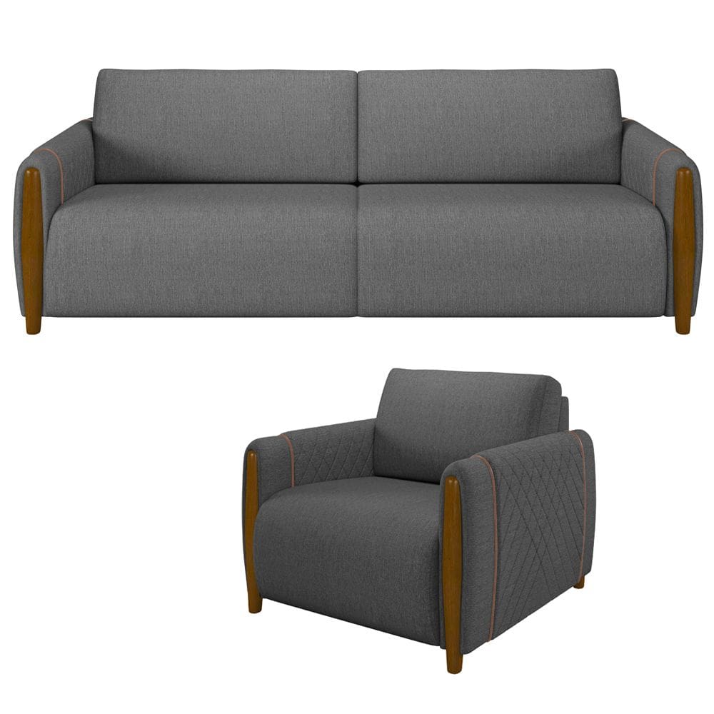 Kit Sofá 2 Lugares Sala Estar 168cm Com Poltrona Flora Pés De Madeira M03 Linho Chumbo - Lyam Decor