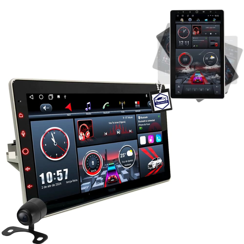 Central Multimitidia Mp5 Tela 10 Polegadas Rotativa 1 Din Octa Core 4+64GB Gps Multifuncao Car Play Android Auto