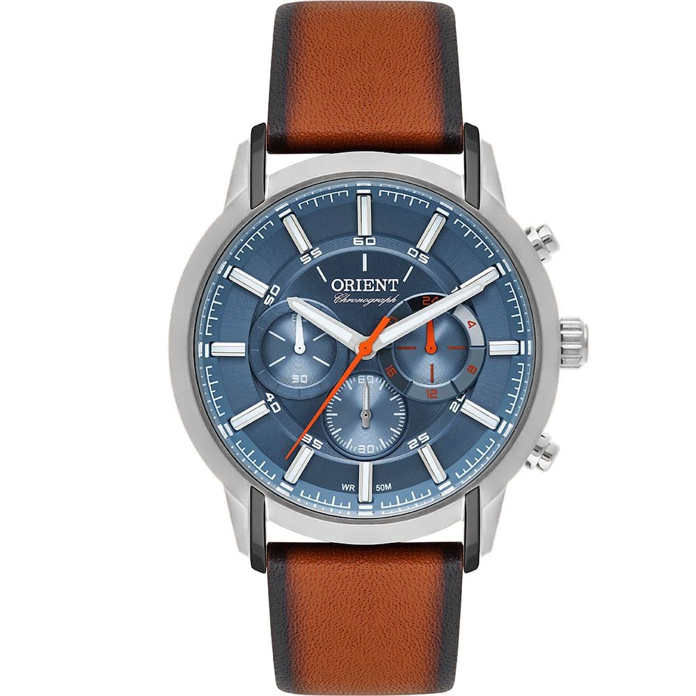 Relógio ORIENT masculino cronógrafo prata azul MTSCC047 A1MX