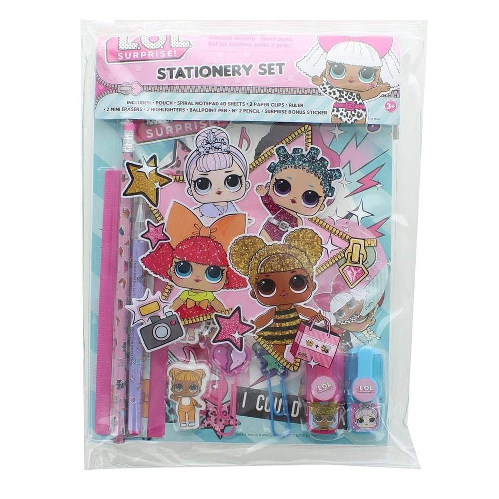 Conjunto de papelaria L.O.L. Surprise! 10 unidades com bolsa Eraser Highlighters, lápis e régua