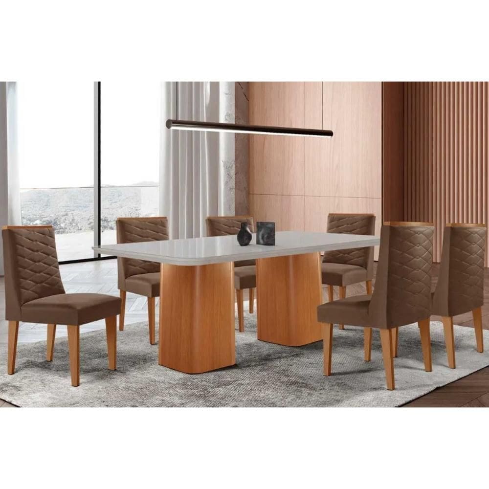 Sala de Jantar Completa Maldivas c/ Tampo Madeirado c/ Vidro Canto Curvo 180x90cm e 6 Cadeiras Dafne Naturale/Off White - Suede Marrom - Rufato