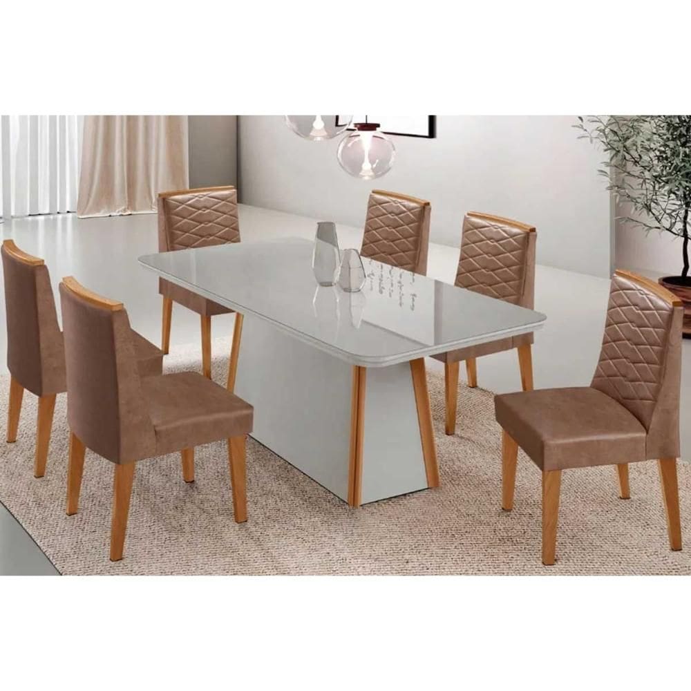 Conjunto Sala de Jantar Tilia c/ Tampo Madeirado c/ Vidro Canto Curvo 180x90cm e 6 Cadeiras Maldivas Madeira Maciça Naturale/Off White - Capuccino/Cor