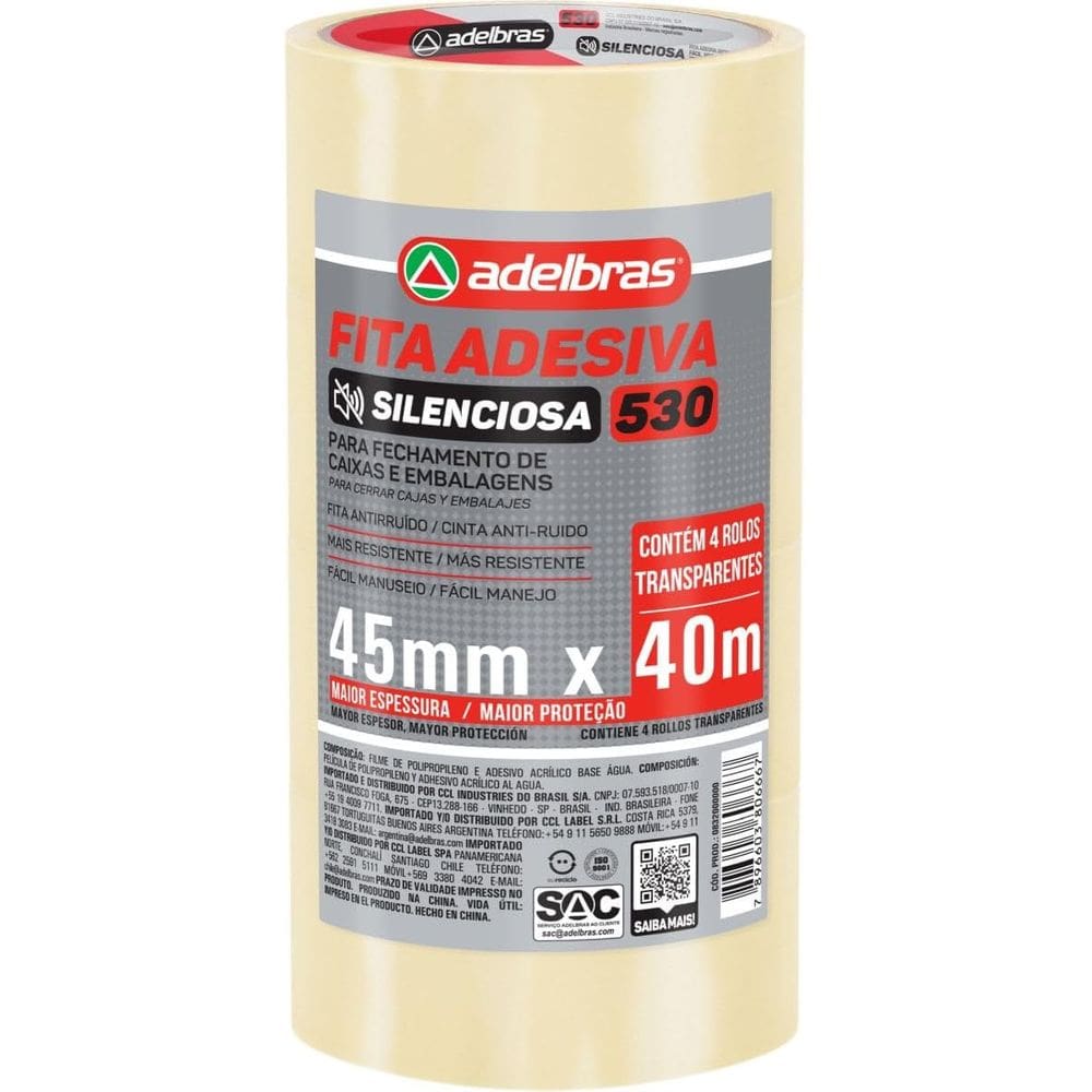 Fitas para Empacotamento, Adelbras, Silenciosa, Bopp, 45 mm x 40 m, Transparente, Pacote com 4
