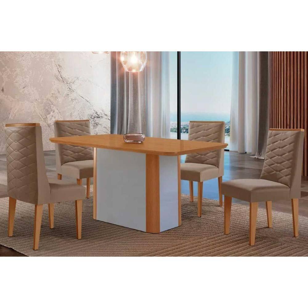 Sala de Jantar Completa Pietá c/ Tampo Madeirado Canto Curvo 120x80cm e 4 Cadeiras Dafne Naturale/Off White - Suede Capuccino - Rufato