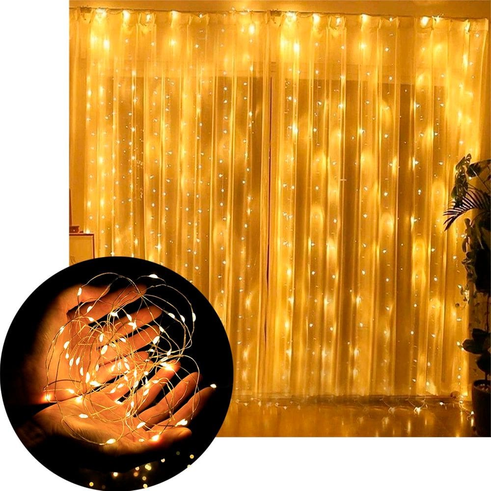 Pisca Cortina Natal 200 Lâmpadas LEDs Amarelo 110-220v 3x2M