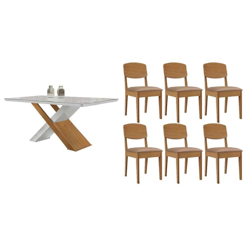 Sala de Jantar Completa Imperatriz c/ Tampo Madeirado c/ Vidro Canto Curvo 180X90cm e 6 Cadeiras Havana Naturale/Off White - Linho Capuccino - Rufato
