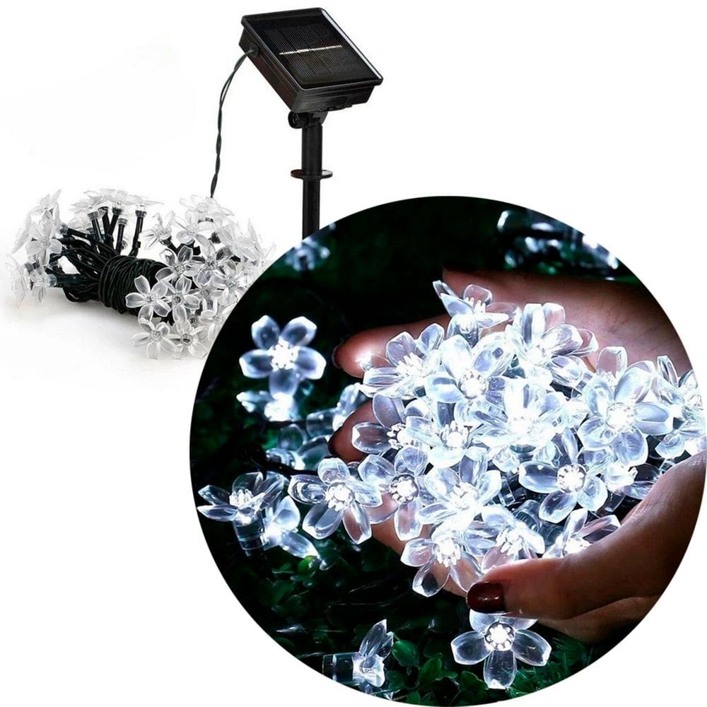 Pisca Cordão Flores Cerejeira Solar Externo 20LEDs 5M Branco