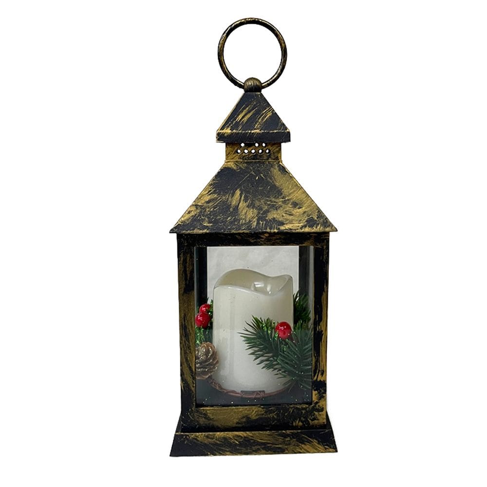 Enfeite de Natal Lampião Decorativo C/ Vela Luminária Natalina 24,5x10,5cm