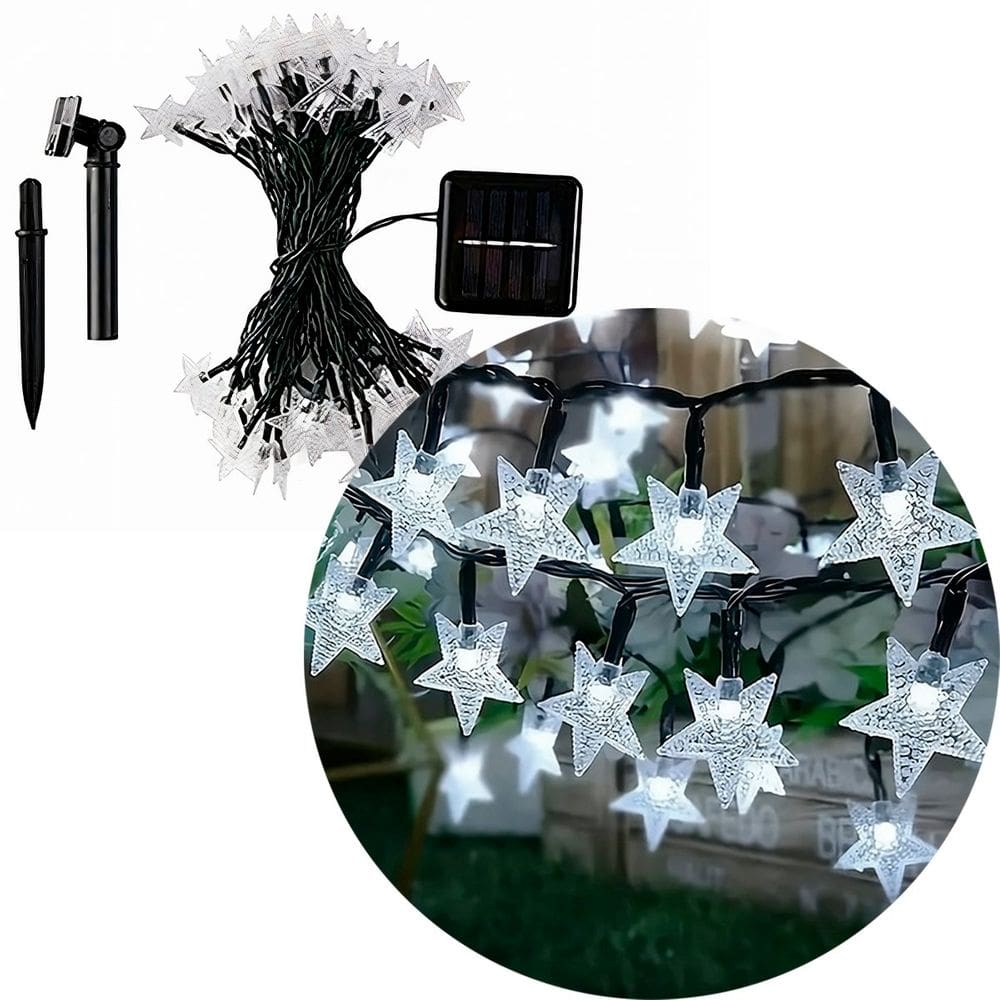 Pisca Cordão Estrelas Solar Externo Jardim 20LEDs 5M Branco
