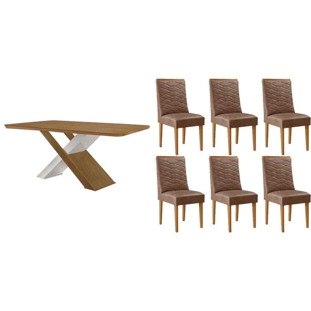 Sala de Jantar Completa Imperatriz c/ Tampo Madeirado Canto Curvo 180x90cm e 6 Cadeiras Maldivas Naturale/Off White - Corano Capuccino - Rufato