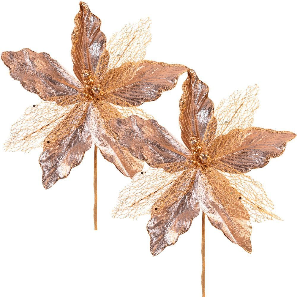 Kit 10 Flor Artificial Arranjo Enfeite Natal Rosa Gold 29cm