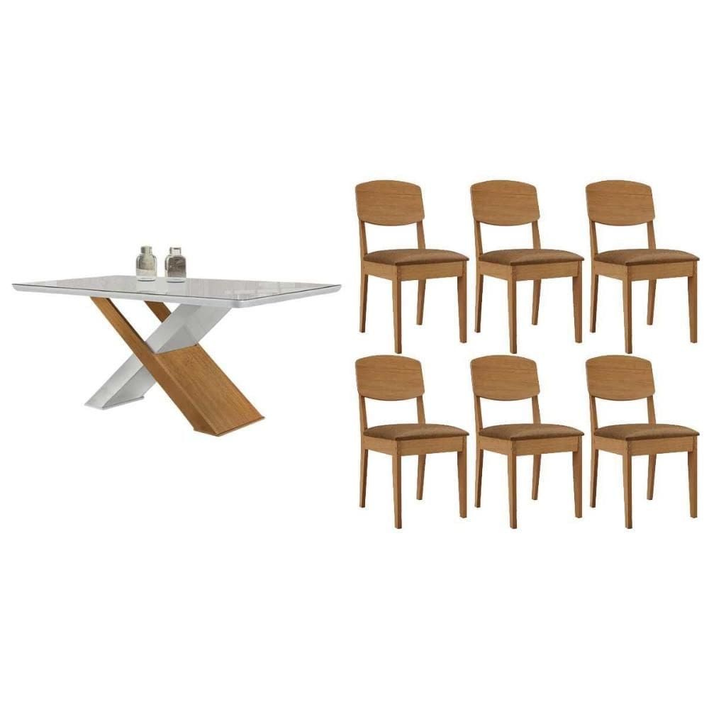 Sala de Jantar Completa Imperatriz c/ Tampo Madeirado c/ Vidro Canto Curvo 180X90cm e 6 Cadeiras Havana Naturale/Off White - Suede Capuccino - Rufato