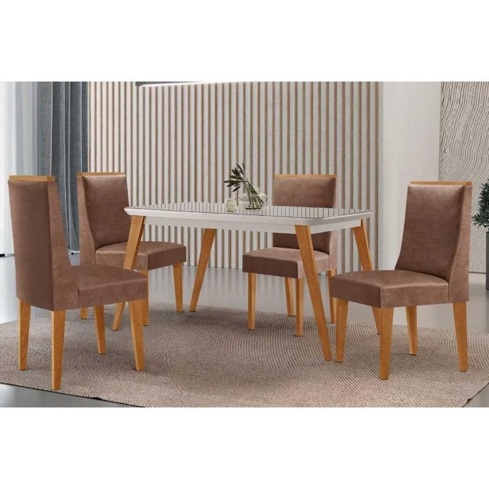 Sala de Jantar Completa Havana c/ Tampo Madeirado c/ Vidro Canto Curvo 120x80cm e 4 Cadeiras Dakota Naturale/Off White - Corano Capuccino - Rufato