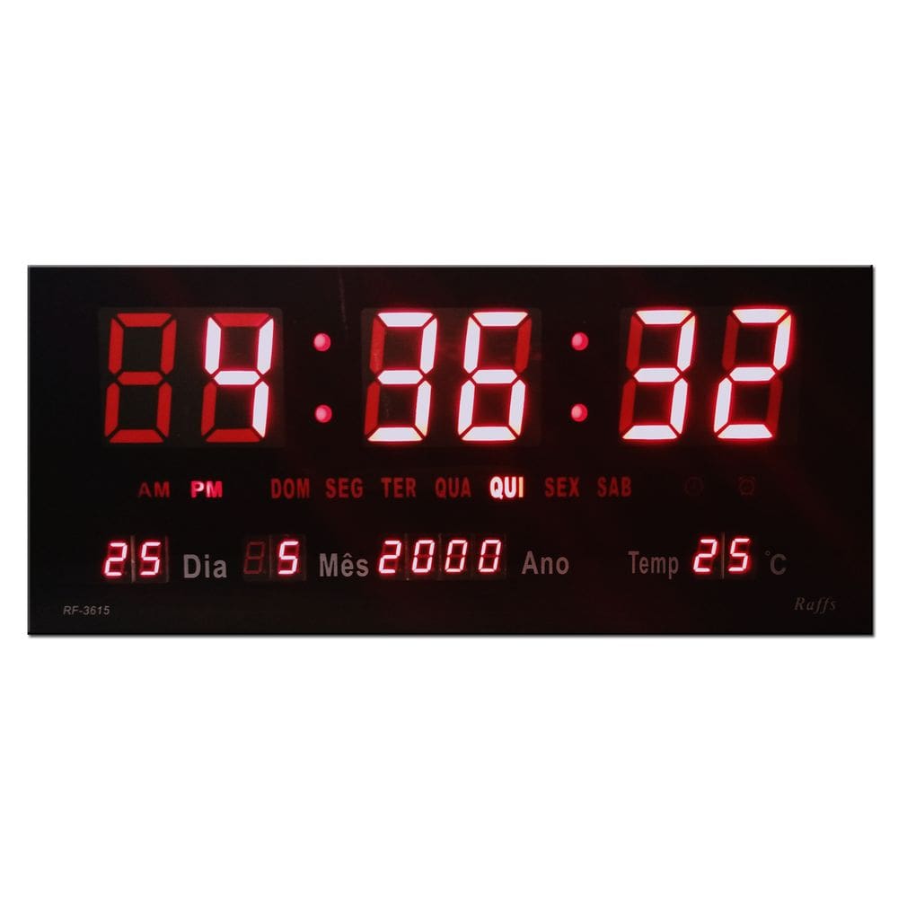 Relógio Digital LED Parede 36x15cm Preto com Termômetro