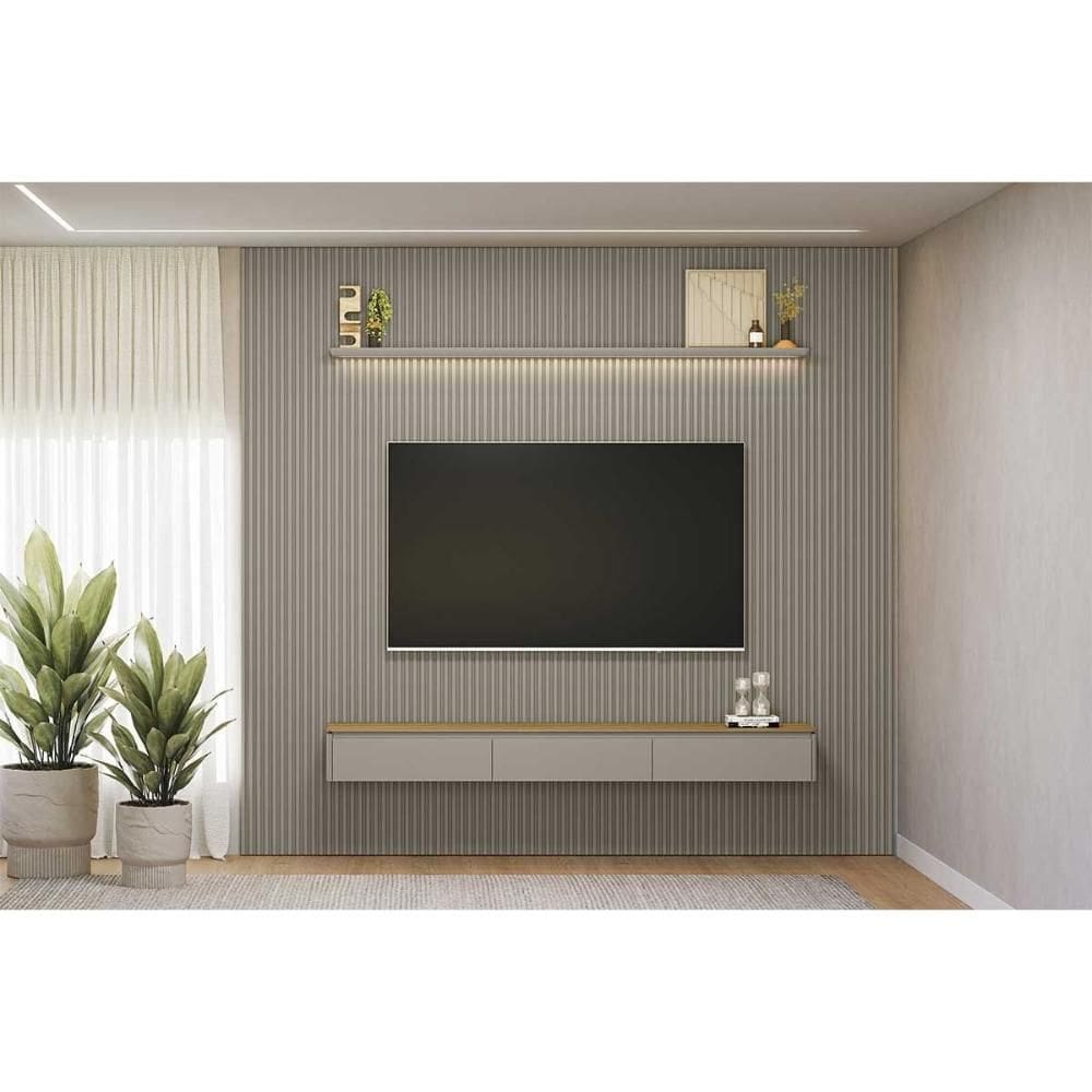 Home p/ TV até 100 Pol Modular 3.0 Ripado c/ 3 Porta. 1 Prat. 2,97x2,50cm Tauari/Gris Fosco - Linea Brasil