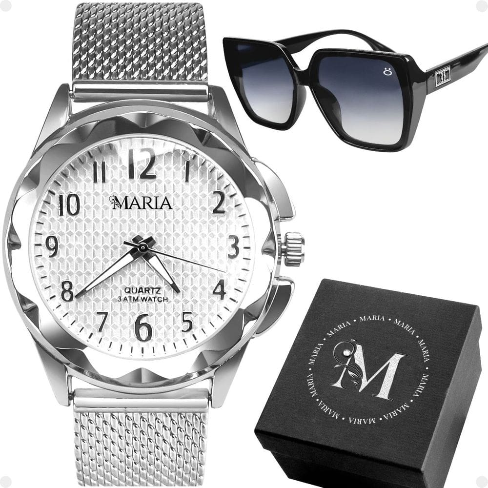 Relogio prata prova dagua aço feminino + oculos sol + caixa aço inoxidavel strass moda social preto