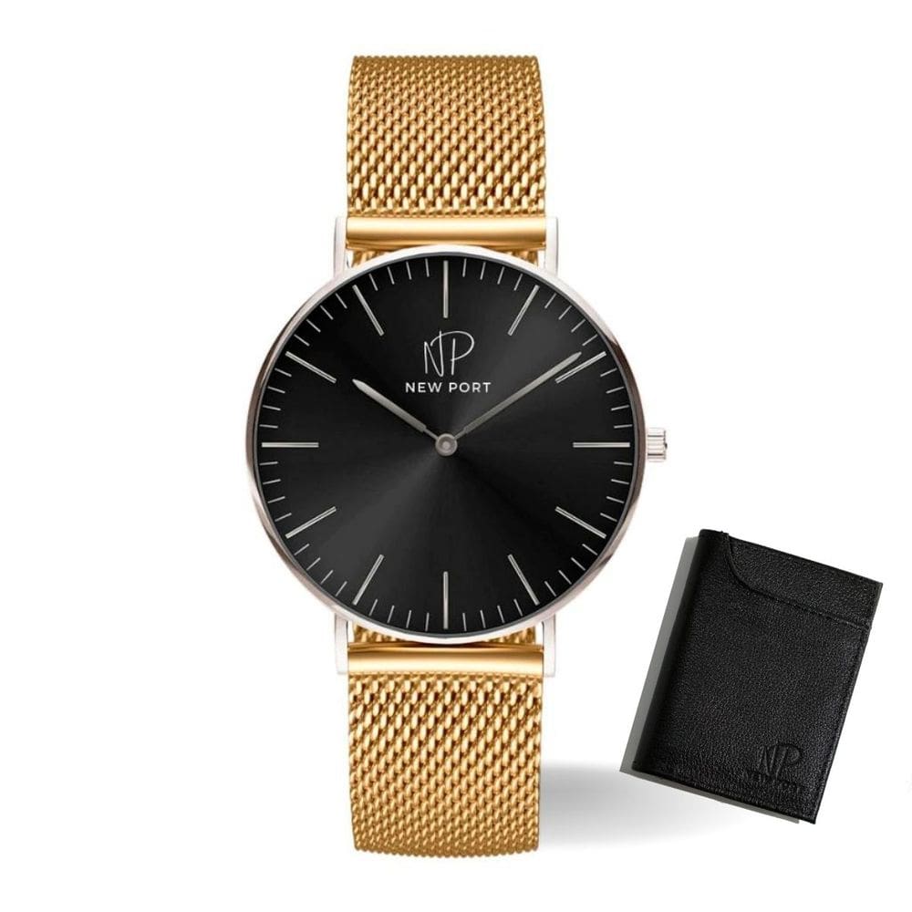 Relógio Masculino Dourado Analógico New Port + Porta Cartão