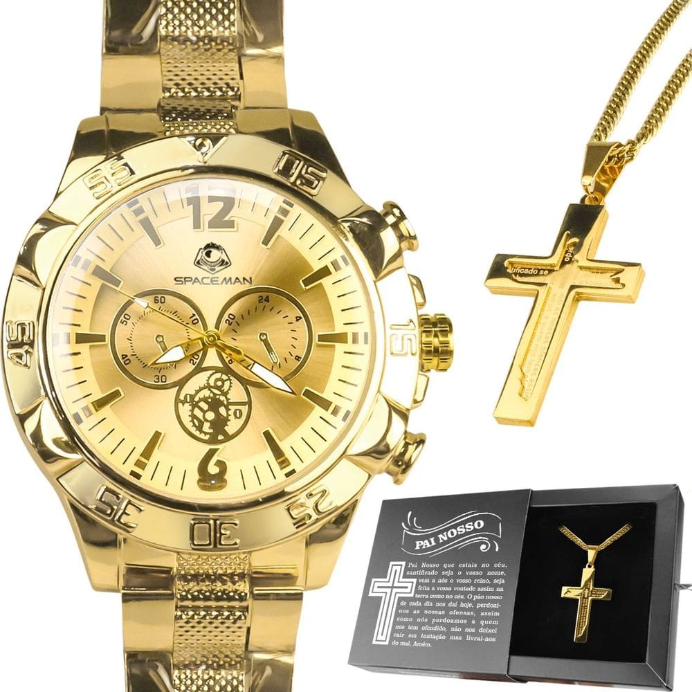 relogio masculino banhado aço + cordão crucifixo + caixa pallyjane religião prova de agua robusto
