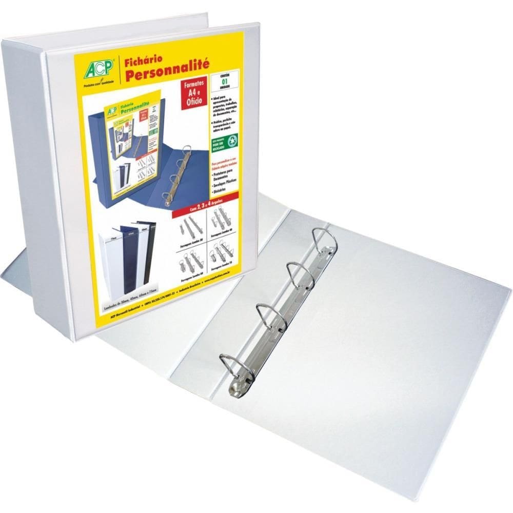 Fichário De Pvc Personalite Ofício 75mm 4Argolas Branco Acp