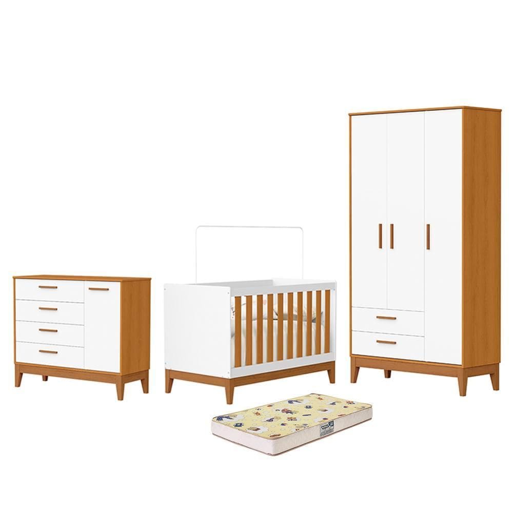 Dormitório Infantil Flip Guarda Roupa 3 Portas, Cômoda 1 Porta e Berço com Colchão Supreme - Reller Móveis