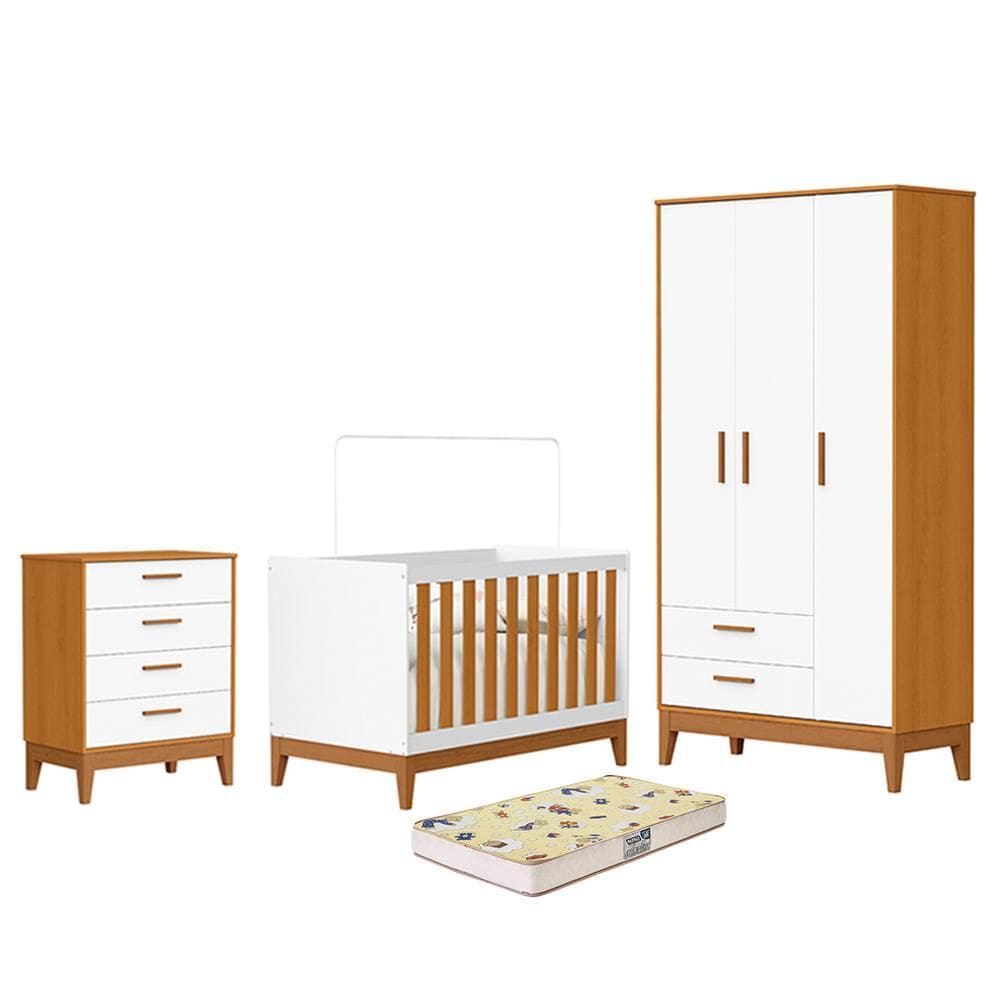 Dormitório Infantil Flip Guarda Roupa 3 Portas, Cômoda 4 Gavetas e Berço com Colchão Supreme - Reller Móveis