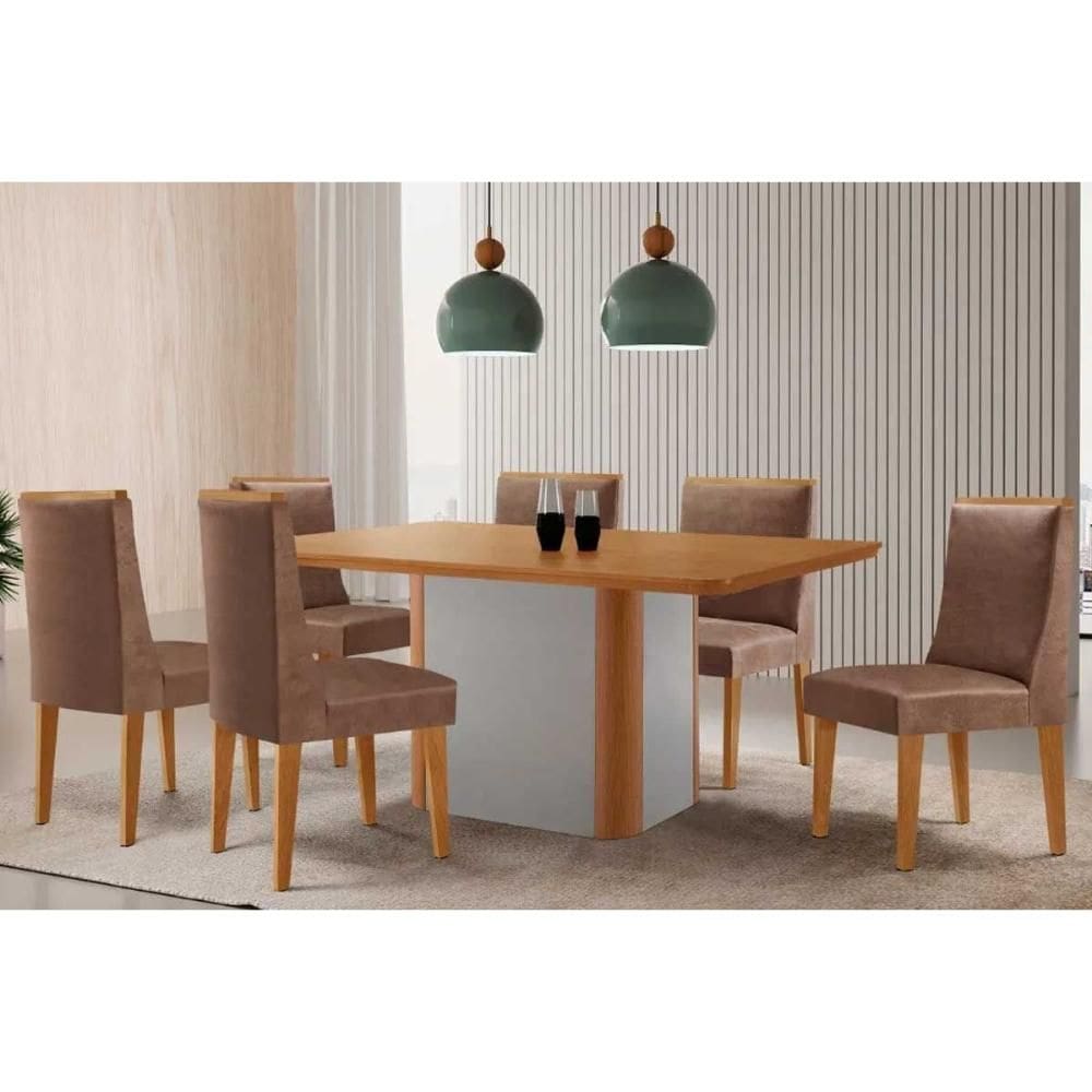 Sala de Jantar Completa Pietá c/ Tampo Madeirado Canto Curvo 180x90cm e 6 Cadeiras Dakota Naturale/Off White - Corano Capuccino - Rufato