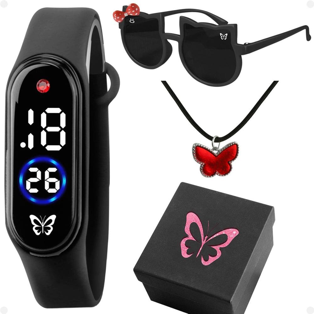 relogio infantil digital menina + caixa + colar rosa borboleta proteção uv led prova dagua strass