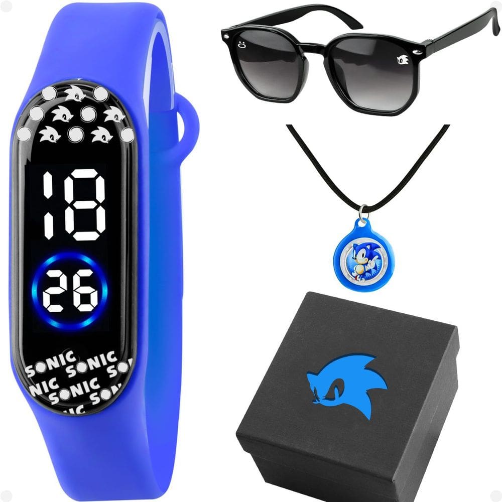 relogio infantil digital sonic + oculos sol + colar + caixa kids azul ajustavel prova dagua led azul