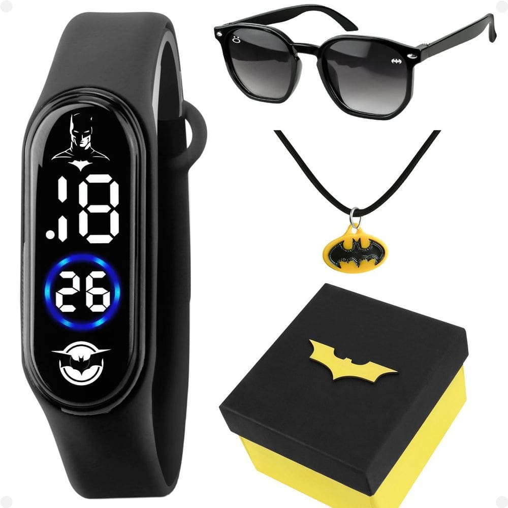 relogio digital infantil batman + oculos sol + colar + caixa kids silicone led criança menino preto
